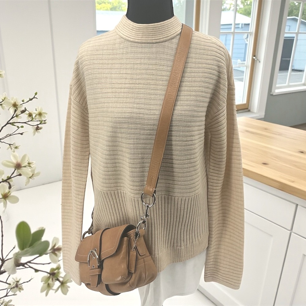 Anthropologie Beige Ribbed Mock‎ Neck Long Sleeve Layered Sweater Top XS